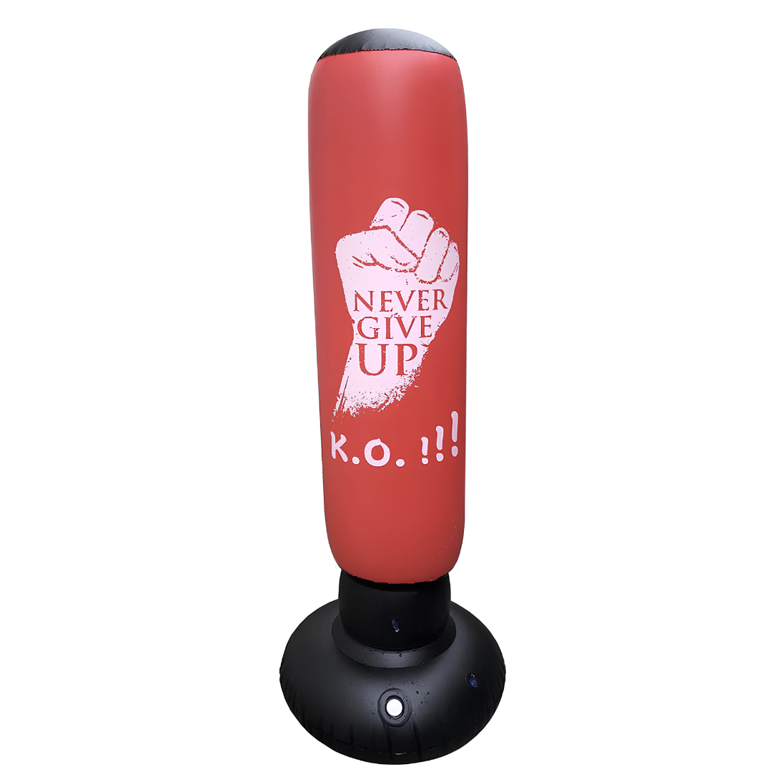 sac de frappe gonflable motif never give up rouge et blanc